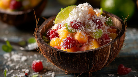 A refreshing image of a fruit salad served in a coconut shell, topped with shredded coconut and a splash of lime juice, capturing the tropical essence of the dish.の素材