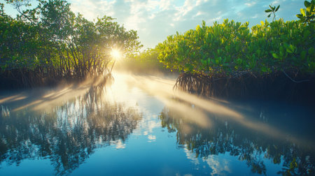 A peaceful scene of a mangrove forest during the early morning, with mist rising from the water and sunlight breaking through the tree canopyの素材