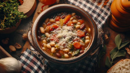 A rustic bowl of minestrone soup filled with fresh vegetables, beans, and pasta, garnished with a sprinkle of Parmesan, set on a checkered tableclothの素材