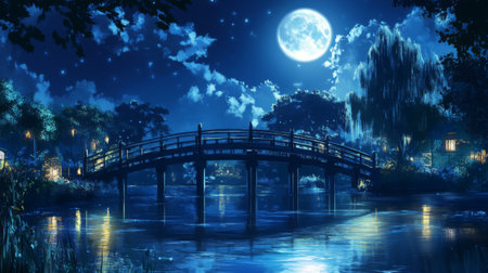 A serene scene of a quiet river bridge under a full moon, with soft moonlight illuminating the water and casting reflections on the surfaceの素材