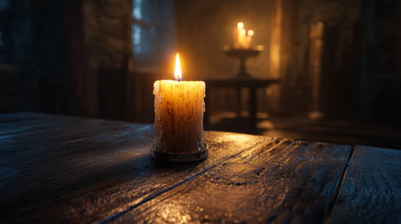 A single lit candle on a dark wooden table, with soft shadows and highlights emphasizing the wax texture and the warm glow of the flameの素材