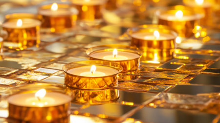 A series of small tea lights arranged on a mirror surface, reflecting the warm glow of the flames, creating a magical ambianceの素材