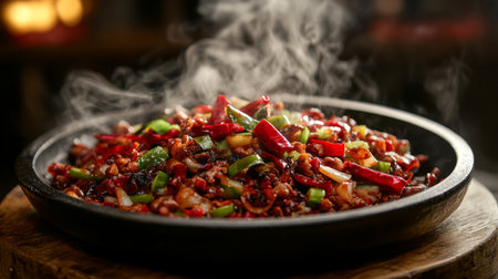 A sizzling skillet filled with stir-fried vegetables and red chilies, steam rising as the vibrant colors blend together, capturing the essence of a delicious meal preparation.の素材