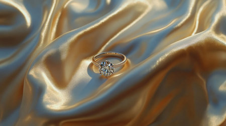 A single diamond ring resting on a luxurious silk fabric, with soft shadows and highlights enhancing its beauty and eleganceの素材