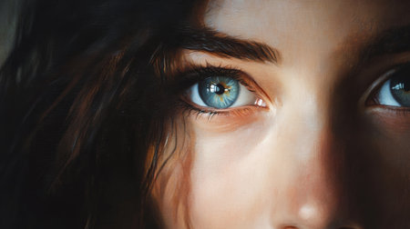 A soft-focus portrait featuring the vivid contrast of a womans grey-blue eyes and dark hair, with delicate light reflections adding depth and charm to her gaze.の素材