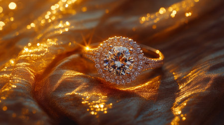 A sparkling diamond ring sitting on a luxurious gold fabric, with soft lighting highlighting the intricate details of the ringの素材