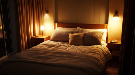 A stylish bedroom with layered bedding, a mix of textures, and soft lighting, designed for comfort and creating a calming environmentの素材