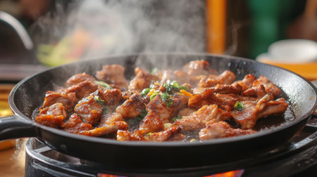 A sizzling skillet of fried pork ribs being served directly from the pan, with steam rising and a vibrant kitchen backdrop, highlighting the delicious preparation process.の素材