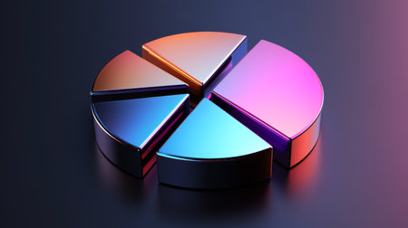 A sleek metallic D pie chart with separated slices, each segment reflecting light differently, set against a dark gradient background for a high-tech feel.の素材