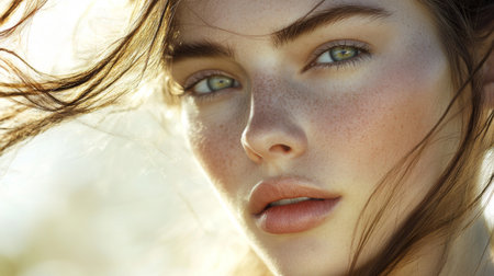 A stunning womans face in a natural outdoor setting, with a soft breeze blowing through her hair, her clear skin and minimal makeup glowing in natural light.の素材