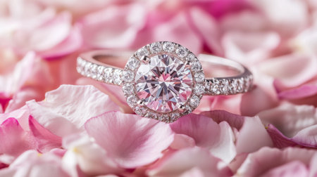 A sparkling diamond engagement ring placed on a bed of delicate petals, creating a romantic and enchanting atmosphereの素材