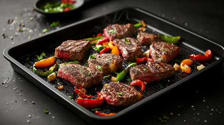 A striking photo of a hot grill pan with juicy steaks and colorful peppers sizzling, capturing the mouthwatering allure of grilled dishes ready to be served.の素材