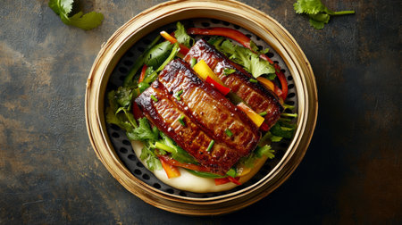 A stunning overhead view of a pork belly bao bun filled with pickled vegetables and fresh herbs, presented on a bamboo steamer for an authentic touchの素材