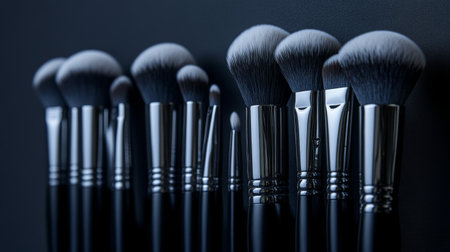 A sophisticated collection of makeup brushes in elegant holders, set against a dark background, showcasing the essential tools for creating stunning looksの素材