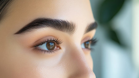 A side profile of a woman with defined, dark eyebrows, highlighting the clean and symmetrical lines with a smooth, soft background to accentuate her features.の素材