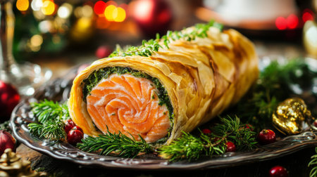 A stunning image of a salmon en crote, wrapped in flaky pastry with herbs and spices, presented elegantly on a platter, showcasing culinary creativityの素材