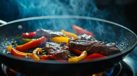 A striking photo of a hot grill pan with juicy steaks and colorful peppers sizzling, capturing the mouthwatering allure of grilled dishes ready to be served.の素材