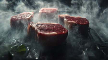 A tempting image of marbled steak cuts on a grill, sizzling and surrounded by smoke, capturing the deliciousness of cooking fresh meatの素材