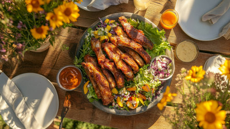 A top-down view of a picnic table filled with crispy fried pork ribs, fresh salad, and dipping sauces, set in a sunny outdoor setting, inviting viewers to enjoy a feast.の素材