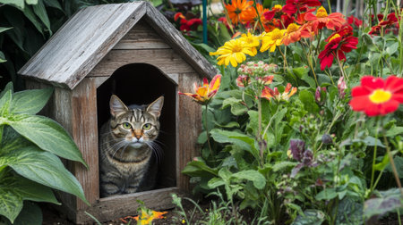 A wooden cat house with an open door, inviting a curious cat to peek out, surrounded by a lush garden full of vibrant flowersの素材