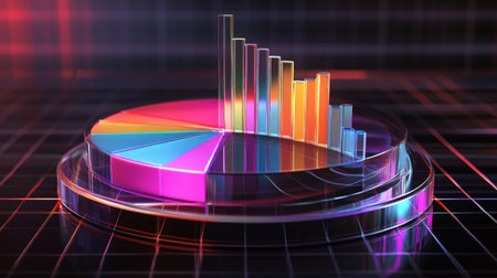 A transparent D pie chart with sleek, colorful sections rising from a reflective platform, showcasing business data against a dark backdrop with a glowing grid.の素材