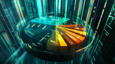 A vibrant D pie chart with glass-like translucent sections, illuminated from below, each segment labeled with financial data in a futuristic setting.の素材