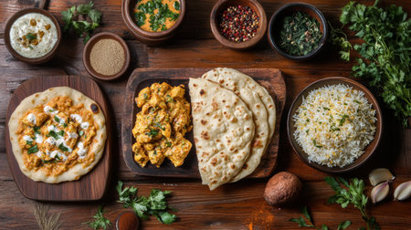 A vibrant spread of popular Indian dishes including butter chicken, naan, and biryani, beautifully arranged on a wooden table with spices and herbs surrounding them.の素材