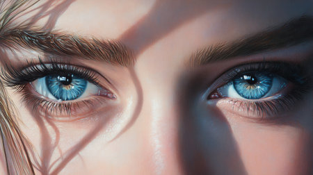 Close-up of a woman's captivating blue eyes, framed by long lashes and soft makeup, with light reflecting in her gaze, creating a mesmerizing effect.の素材