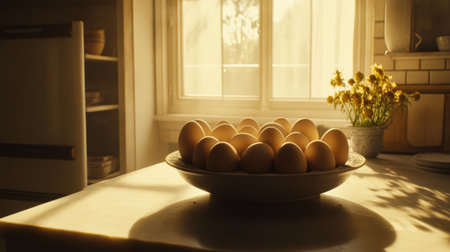 Eggs in an open fridge, highlighting the freshness and simplicity of natural ingredients against a bright, clean kitchen backdropの素材