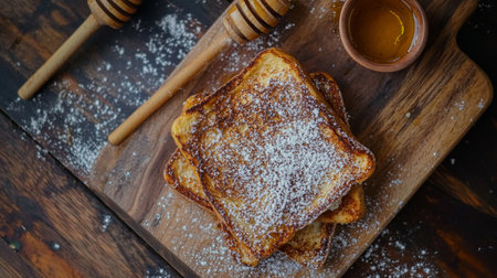 Fluffy cinnamon toast dusted with powdered sugar, with a small dish of honey on the side for a warm and sweet morning treatの素材