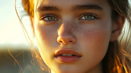 A young woman with clear skin and bright eyes, her face illuminated by soft sunlight, showcasing a fresh and natural look with no visible makeup.の素材