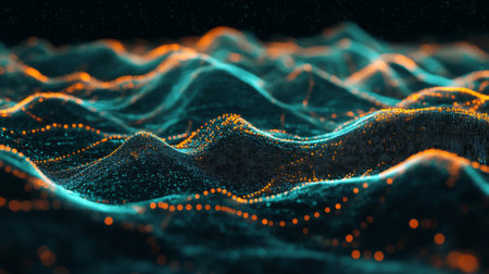 Dynamic data wave in vibrant neon colors, representing digital information flow on a black background for a futuristic, tech-inspired lookの素材