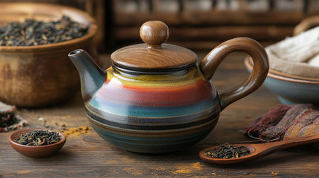 Close-up of a colorful ceramic kettle with a wooden handle, surrounded by various loose teas and a warm, inviting atmosphereの素材