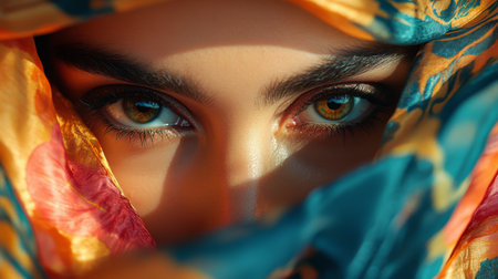A woman's dark, expressive eyes peeking through a colorful silk scarf, creating a mysterious and alluring look with emphasis on her bold eyeliner.の素材