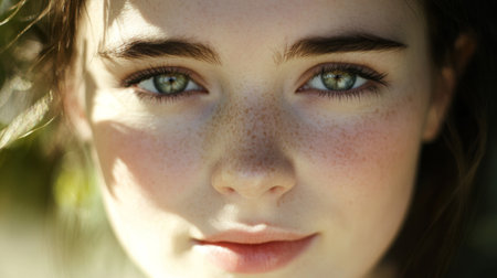 A young woman with clear skin and bright eyes, her face illuminated by soft sunlight, showcasing a fresh and natural look with no visible makeup.の素材