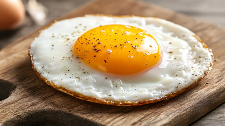 Close-up of a cracked open egg on a wooden cutting board, with the yolk and egg white glistening in natural light, capturing freshness and simplicityの素材