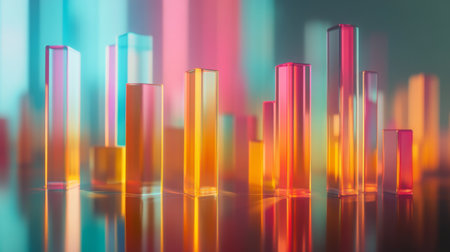 Colorful D bar graph with tall, transparent bars on a reflective surface, casting shadows and illuminated by soft ambient lightingの素材