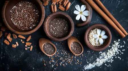 Close-up of chia and flax seeds in small wooden bowls, surrounded by raw ingredients, representing superfood grains for healthの素材