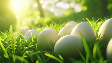 Eggs resting on a vibrant green grass bed, showcasing the natural surroundings of farm-fresh chicken eggs in an outdoor settingの素材