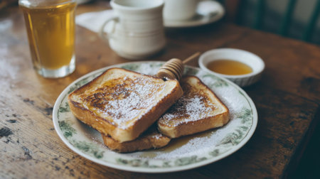 Fluffy cinnamon toast dusted with powdered sugar, with a small dish of honey on the side for a warm and sweet morning treatの素材