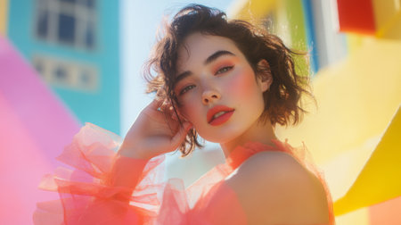 A vibrant scene of a woman posing confidently after finishing her makeup, with her hair styled beautifully, in a bright and colorful outdoor setting.の素材