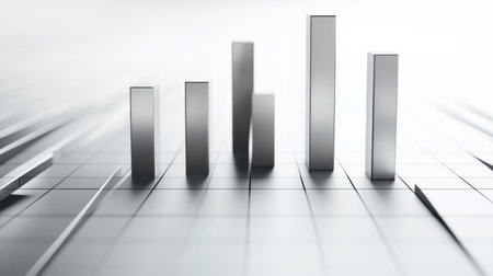 Group of metallic D bars of varying heights on a digital grid, with shadows adding depth against a light backgroundの素材