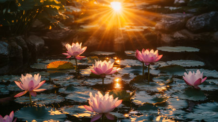 Golden sunset casting a warm glow over a lotus pond, illuminating the pink and white lotus blooms with calm reflections in the waterの素材