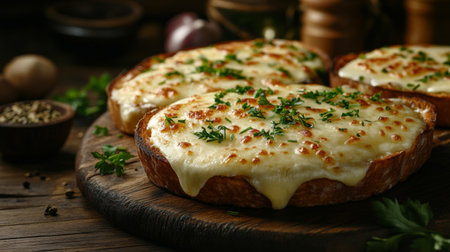 Toast with melted cheese oozing over the edges, garnished with fresh herbs, set on a wooden cutting board in a warm kitchen settingの素材