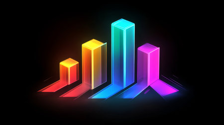 Stylized bar graph with glowing bars in neon colors, set against a dark, tech-inspired background for a dynamic and impactful graphicの素材