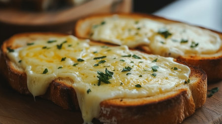 Grilled cheese toast with gooey cheese between slices, cut in half and arranged to show the melted layers, on a wooden boardの素材