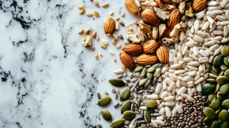 Mixed grains and seeds like sunflower seeds, pumpkin seeds, and lentils spread on a marble surface, creating a vibrant, health-focused sceneの素材
