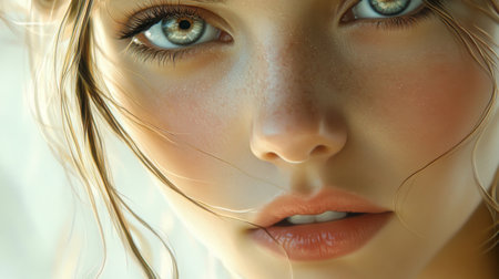 A beautiful close-up of a womans face, with attention to her radiant skin and delicate features, captured in a natural and unposed moment.の素材