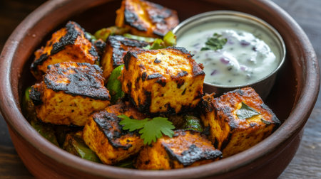 A close-up of a bowl of aromatic paneer tikka, featuring grilled chunks of paneer with spices and vegetables, served with a side of yogurt dip.の素材