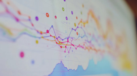 A close-up of a business graph on a computer screen, showing detailed line charts and bar graphs with colorful data visualizations.の素材
